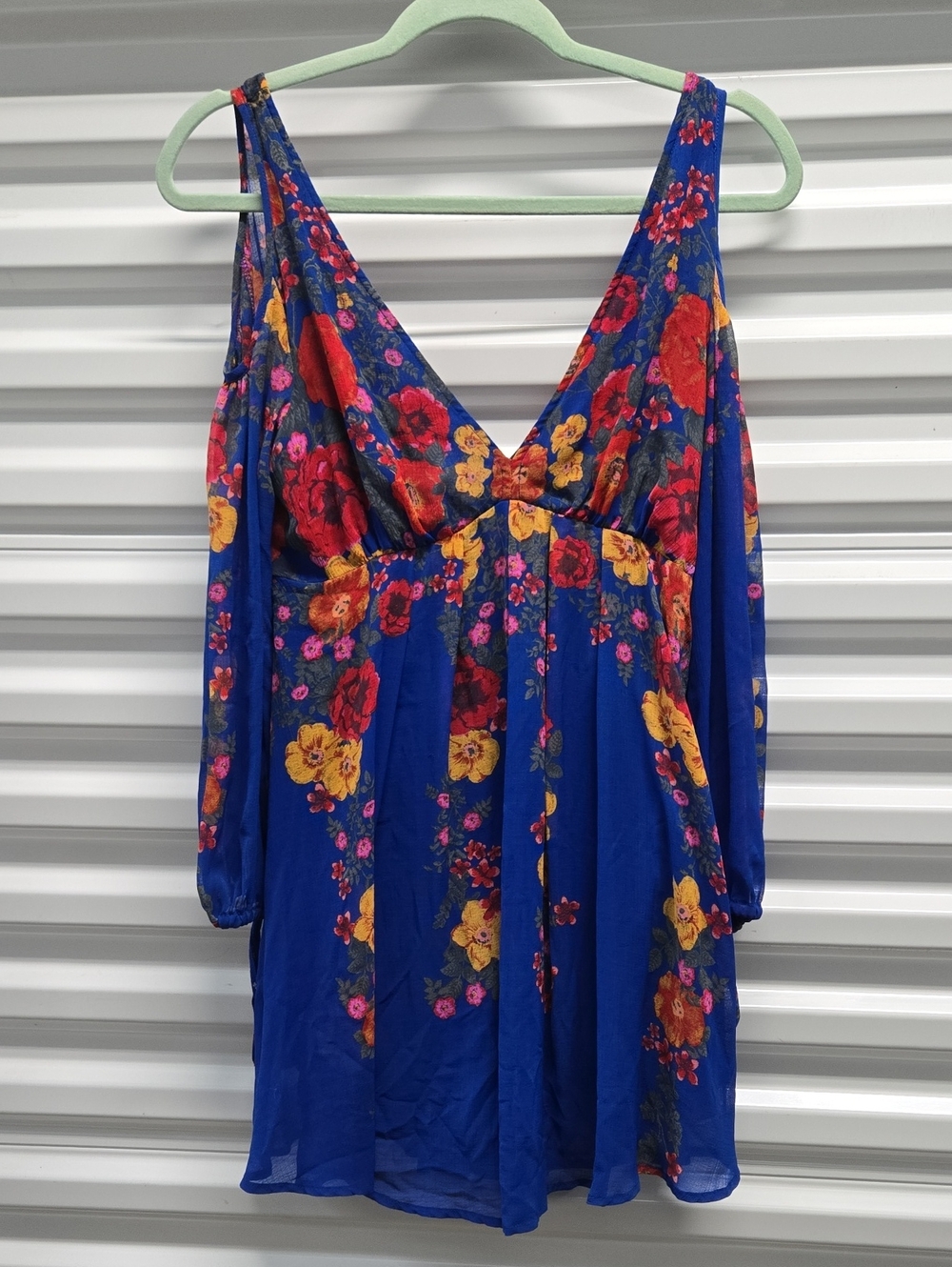 Free People Blue Floral Penny Lover Cold Shoulder Mini Dress LIned S long Sleeve